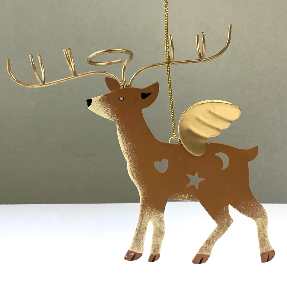 Reindeer Christmas Ornament Gold Wings Cut-Outs Whimsical Folk Art Rustic Deer